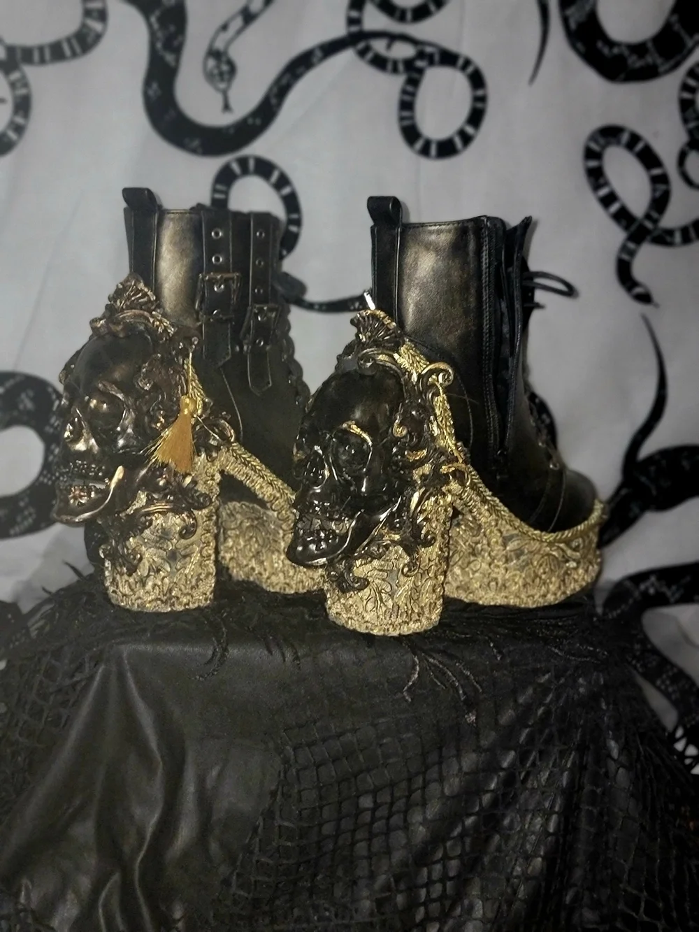 Hand Crafted Black and Gold Skull-Heel Platform Boots - Women